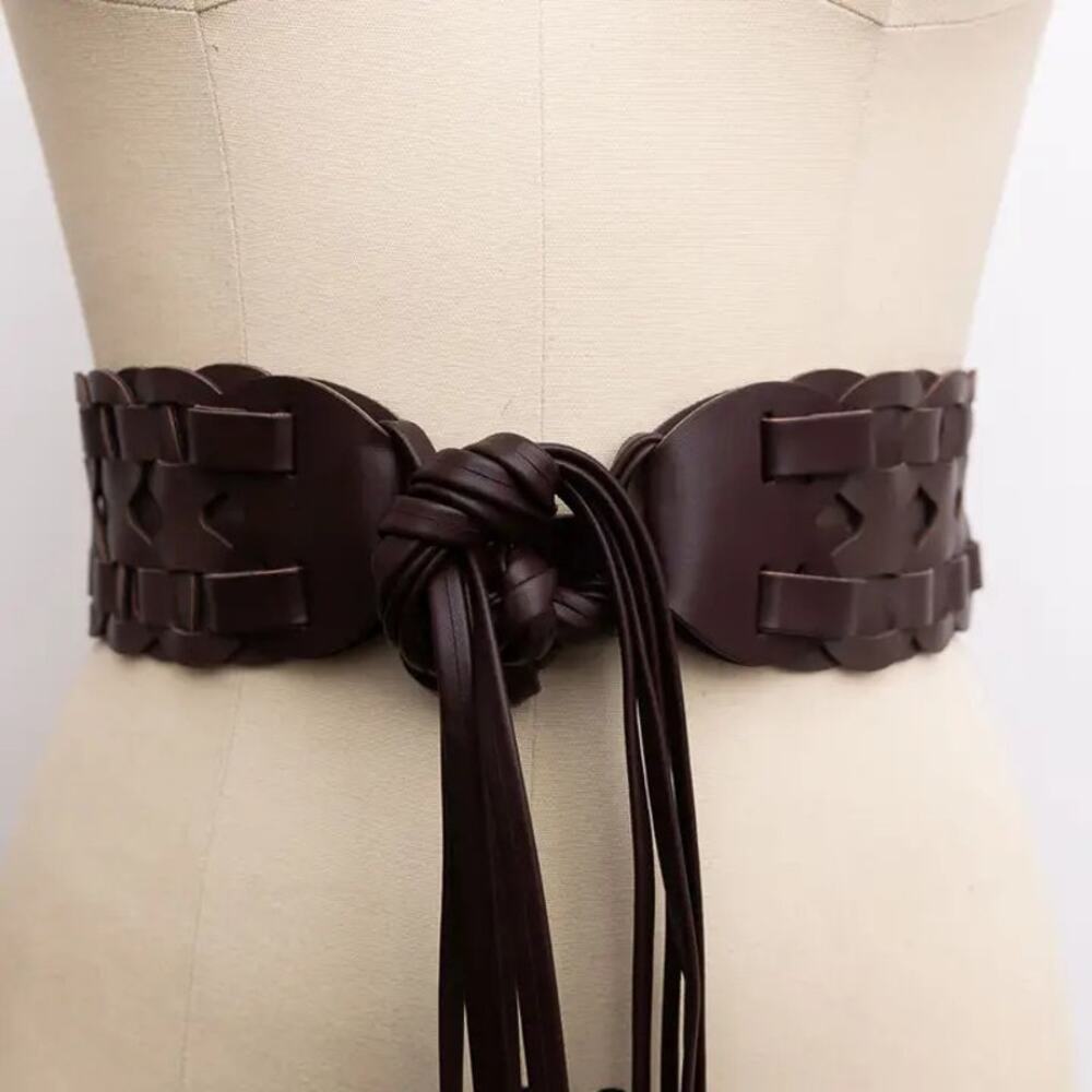 Woven Vegan Leather Belt Dark Brown Tie Waist